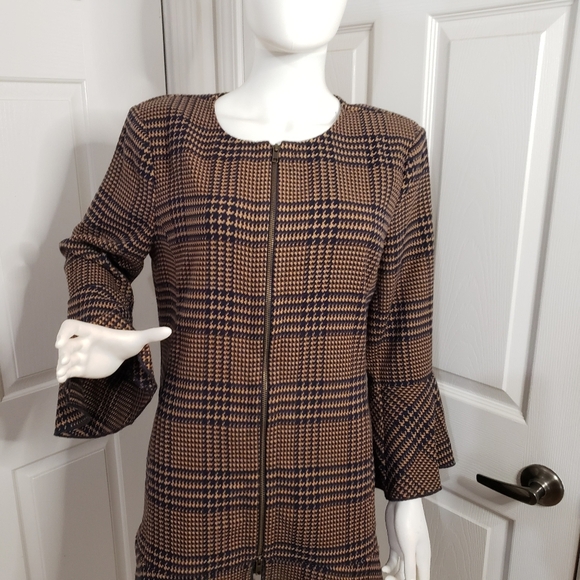 Cabi Flounce Jacket Tartan Style Plaid Long Length Brown and Black - Picture 4 of 9